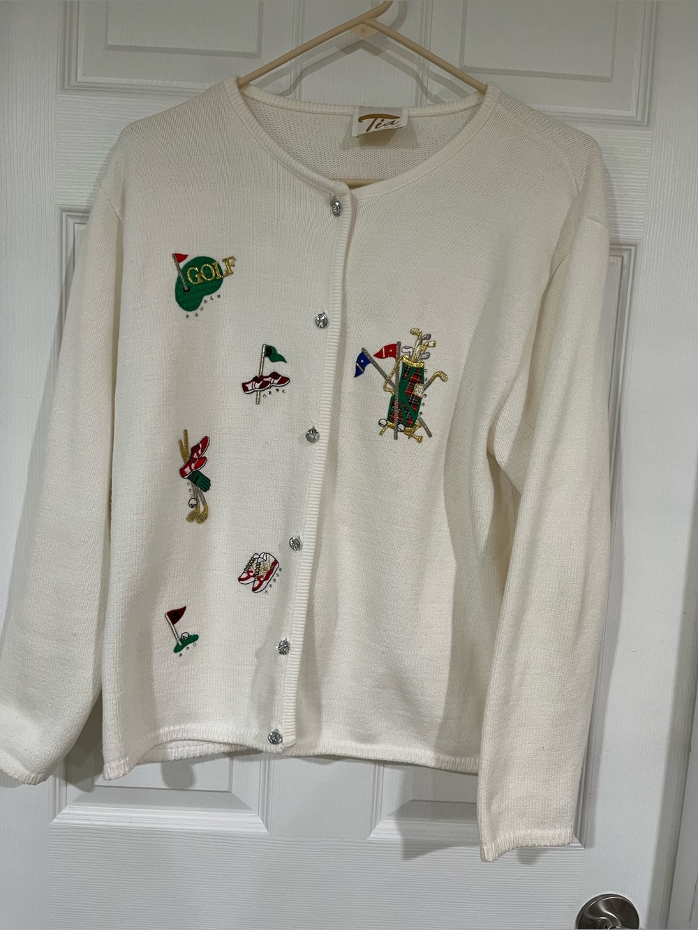 VTG TIA Designs White Cardigan Sweater Golf Preppy Theme Embroidery Women's L